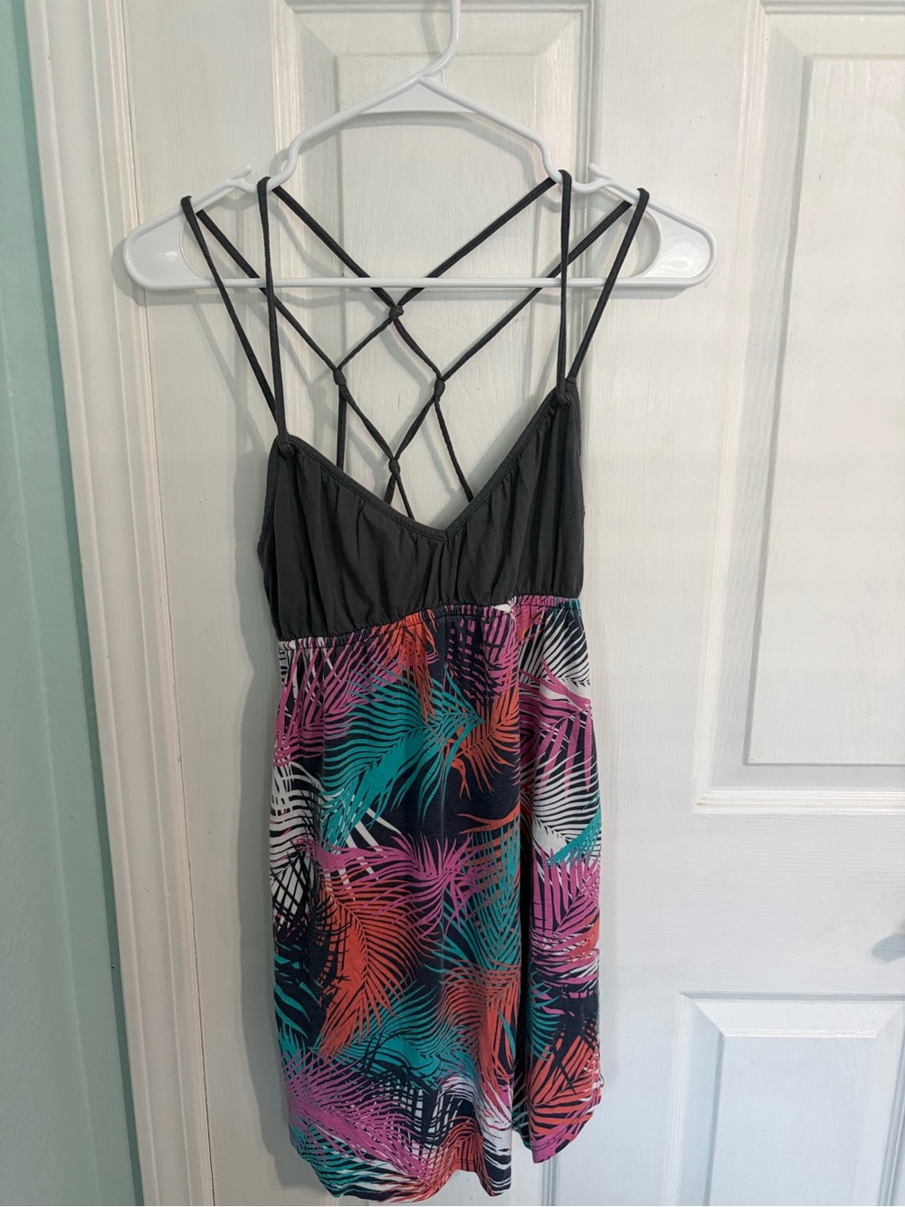 Roxy Black Tropical Print Sundress with Teal Coral Purple Accents